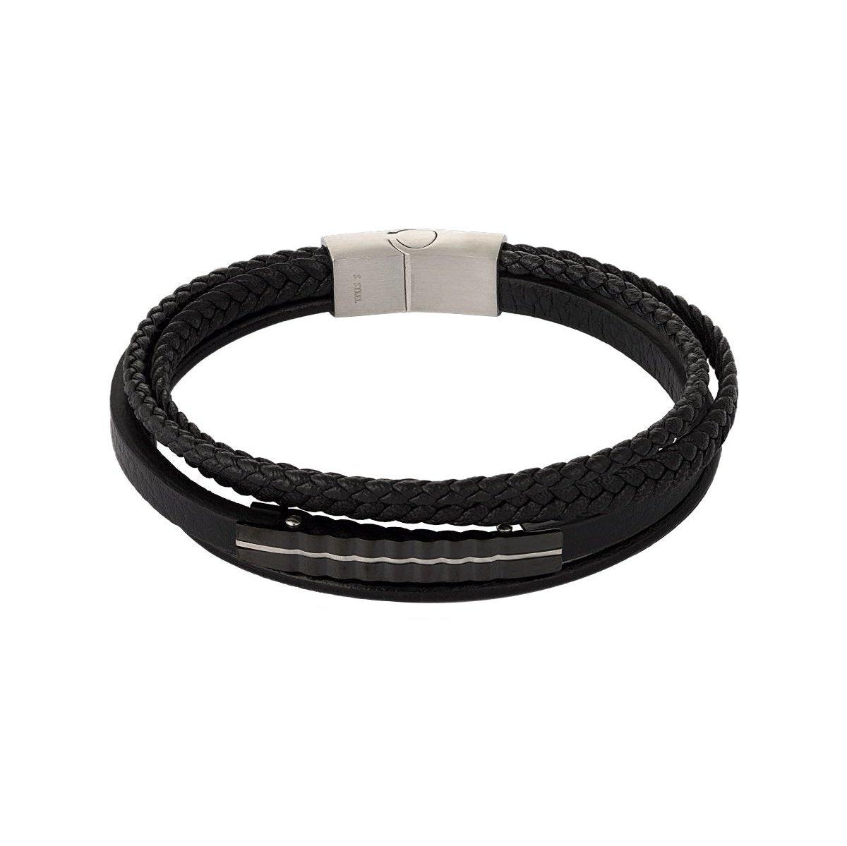 Men's Braided Leather with Steel - Black - Gbaje Jewelry