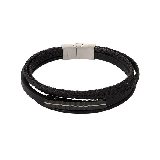 Men's Braided Leather with Steel - Black - Gbaje Jewelry