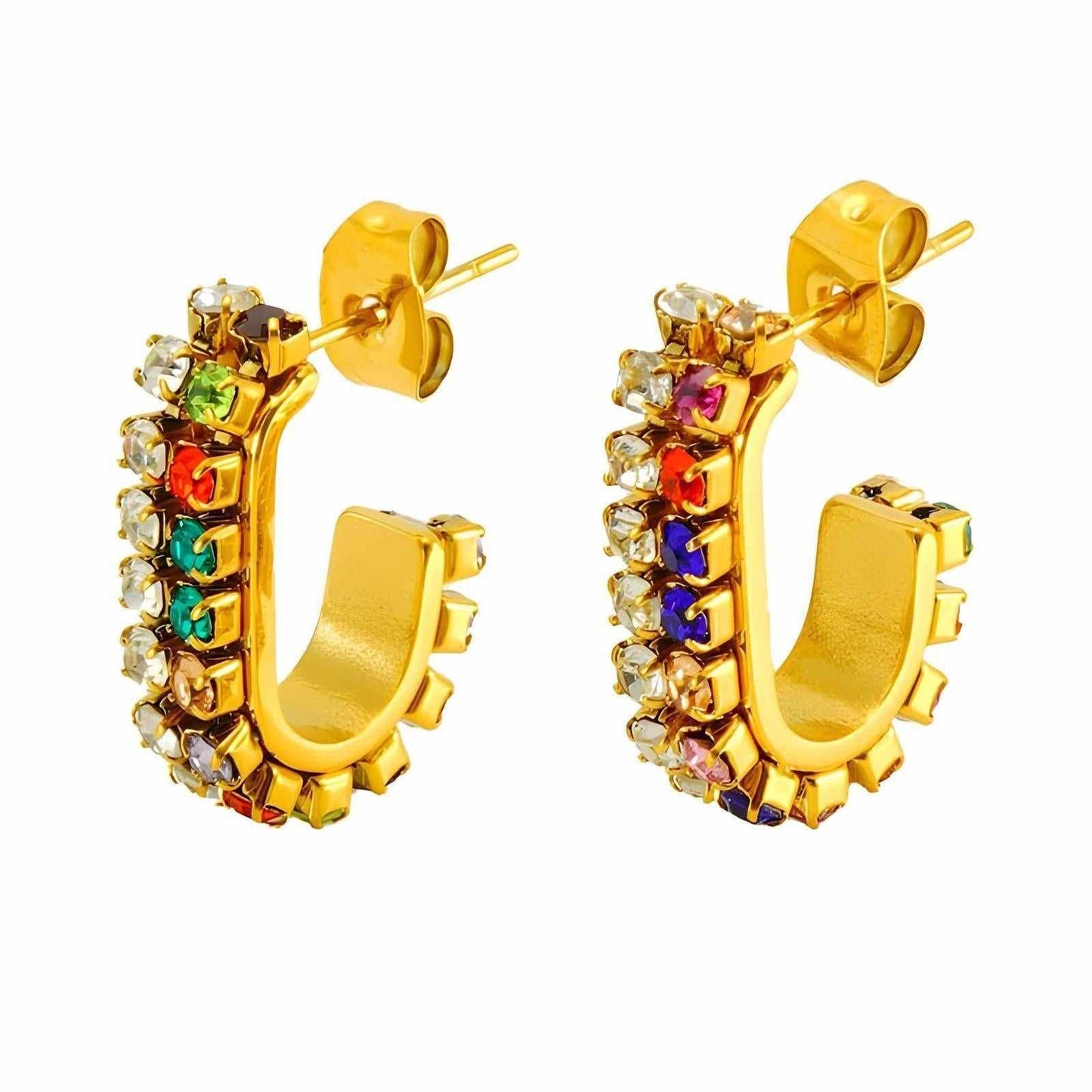Gold hoop earrings with colorful gemstones on a white background
