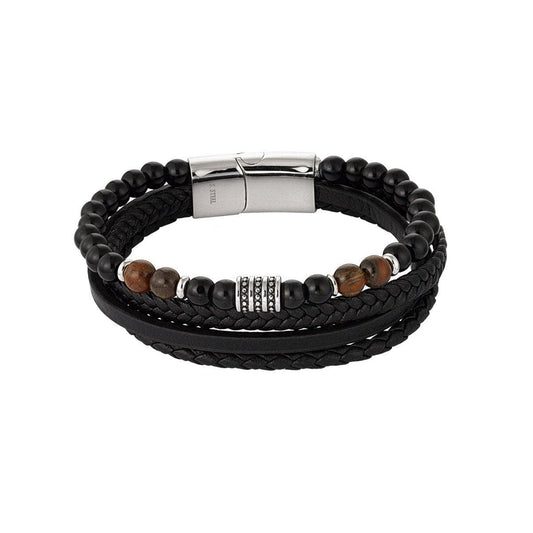Steel Men's bracelet braided leather with beads - Gbaje Jewelry