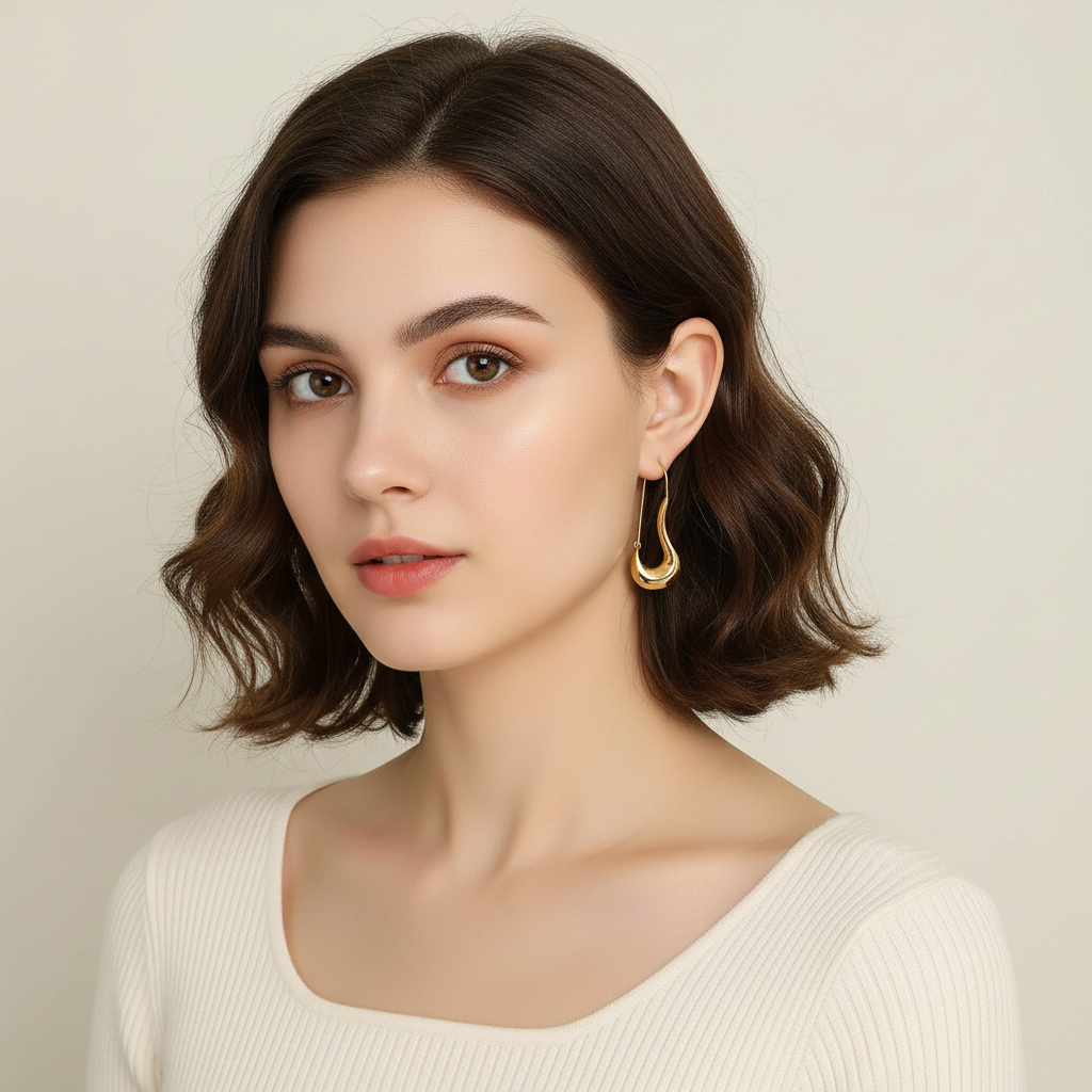 Woman wearing gold earrings against a neutral background