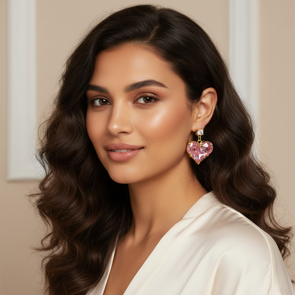 Woman wearing pink heart-shaped earrings with a neutral background