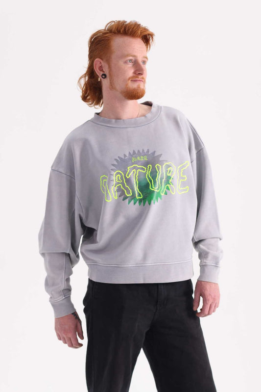 Man wearing a sustainable gray sweatshirt with 'Take Nature' design on a white background