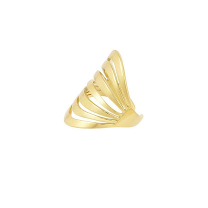 Gold ring with a fan-shaped design on a white background