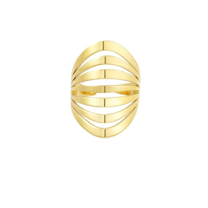 Gold ring with a modern design on a white background