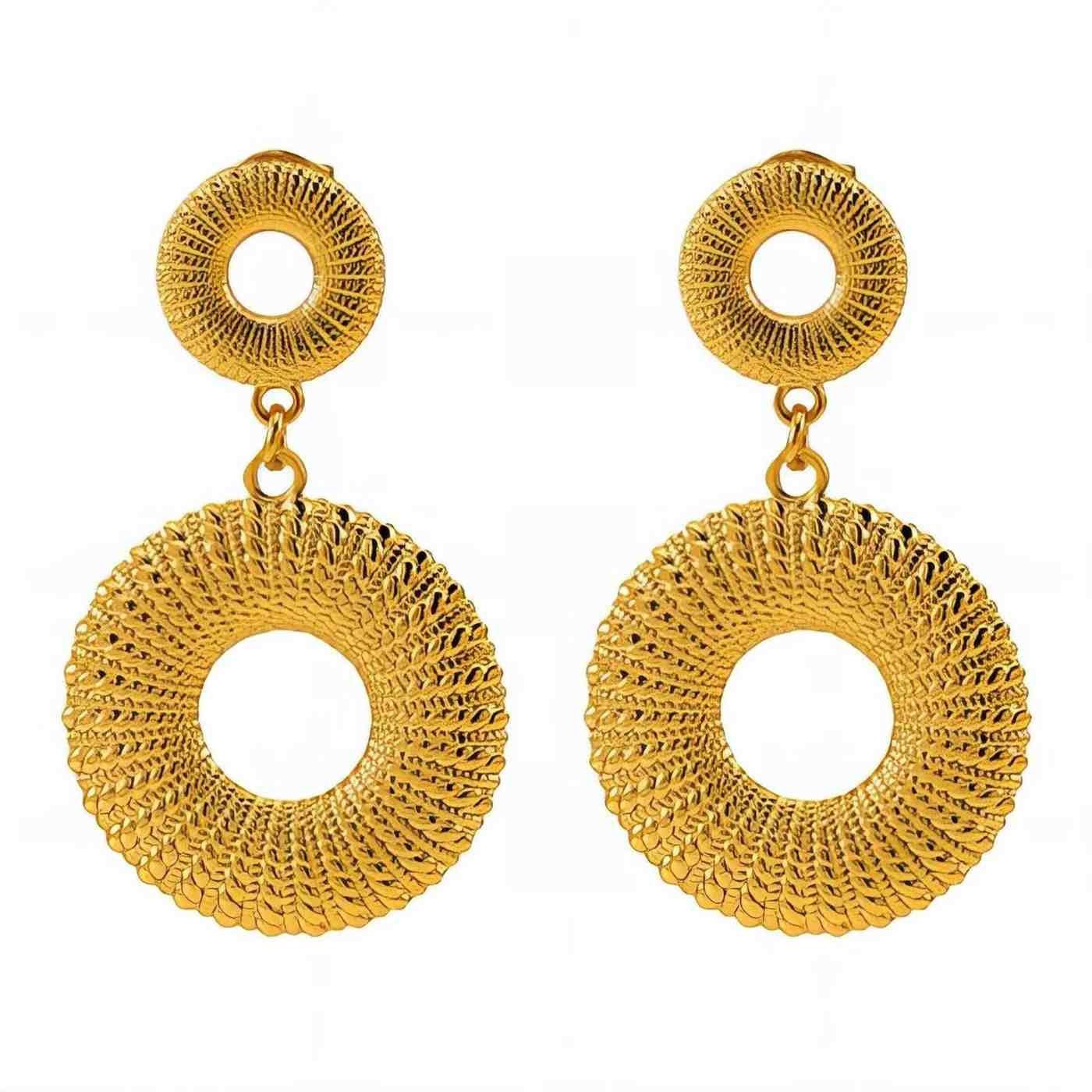 Pair of gold hoop earrings on a white background