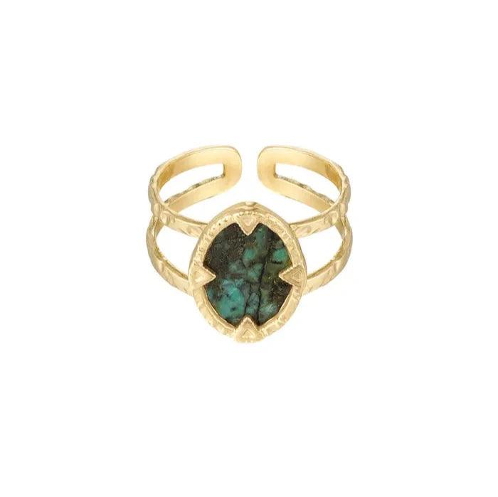 Green Stone Ring | Steel Gold Plated Elegant Design