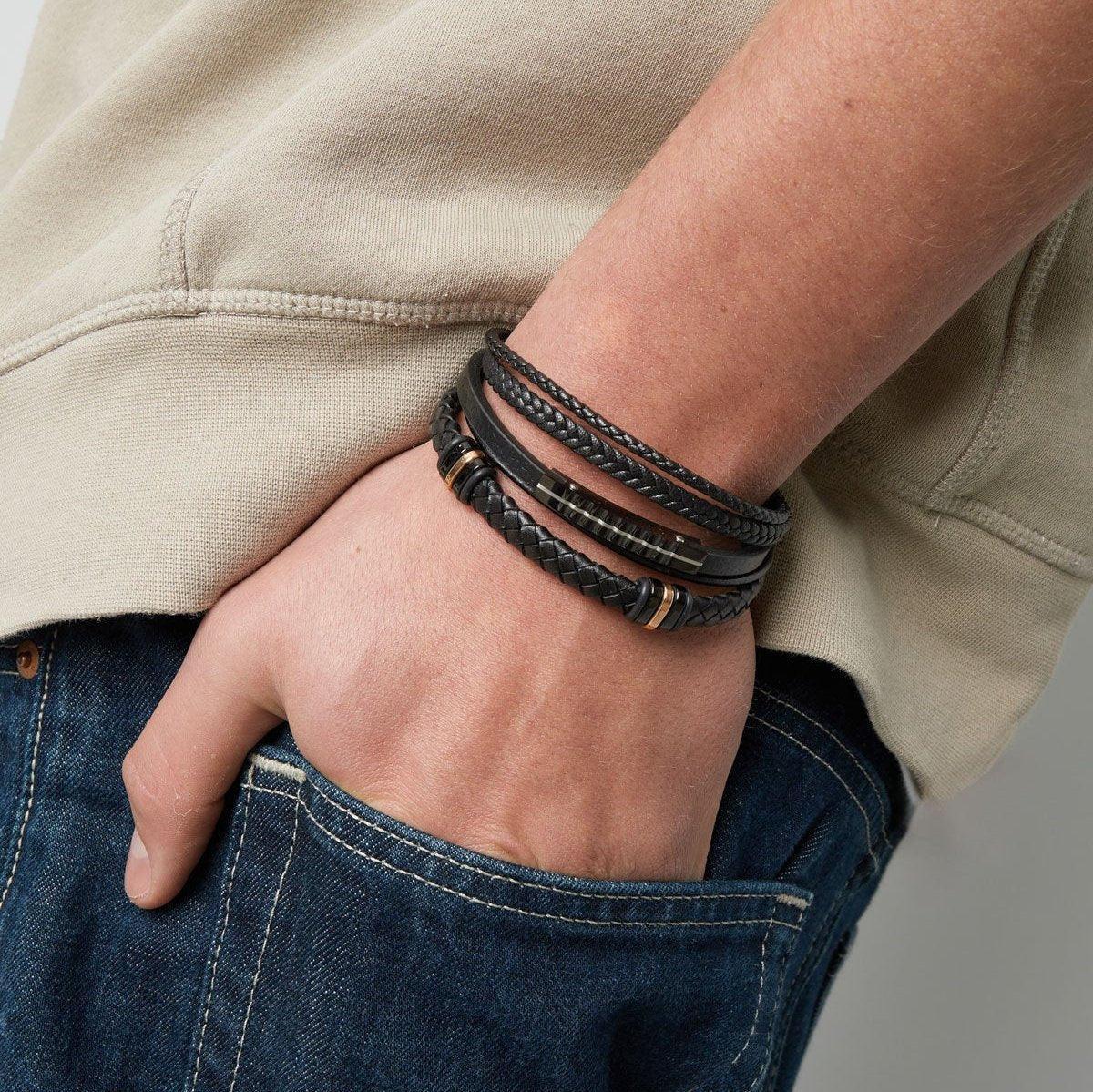 Men's Braided Leather with Steel - Black - Gbaje Jewelry