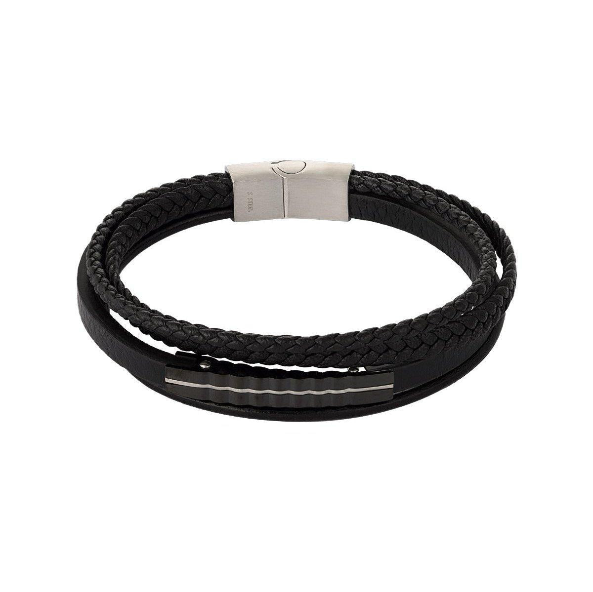 Men's Braided Leather with Steel - Black - Gbaje Jewelry
