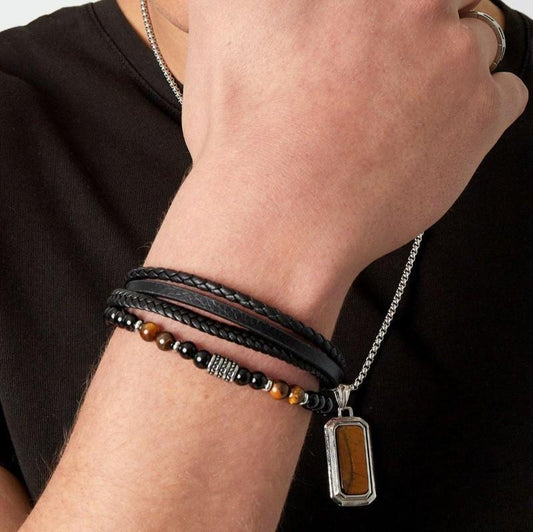 Steel Men's bracelet braided leather with beads - Gbaje Jewelry