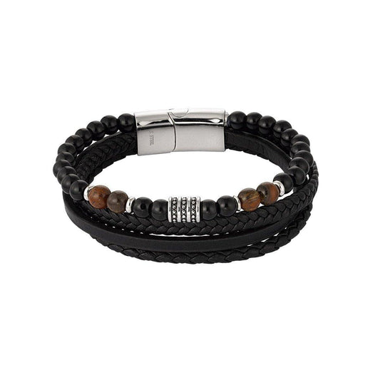 Steel Men's bracelet braided leather with beads - Gbaje Jewelry